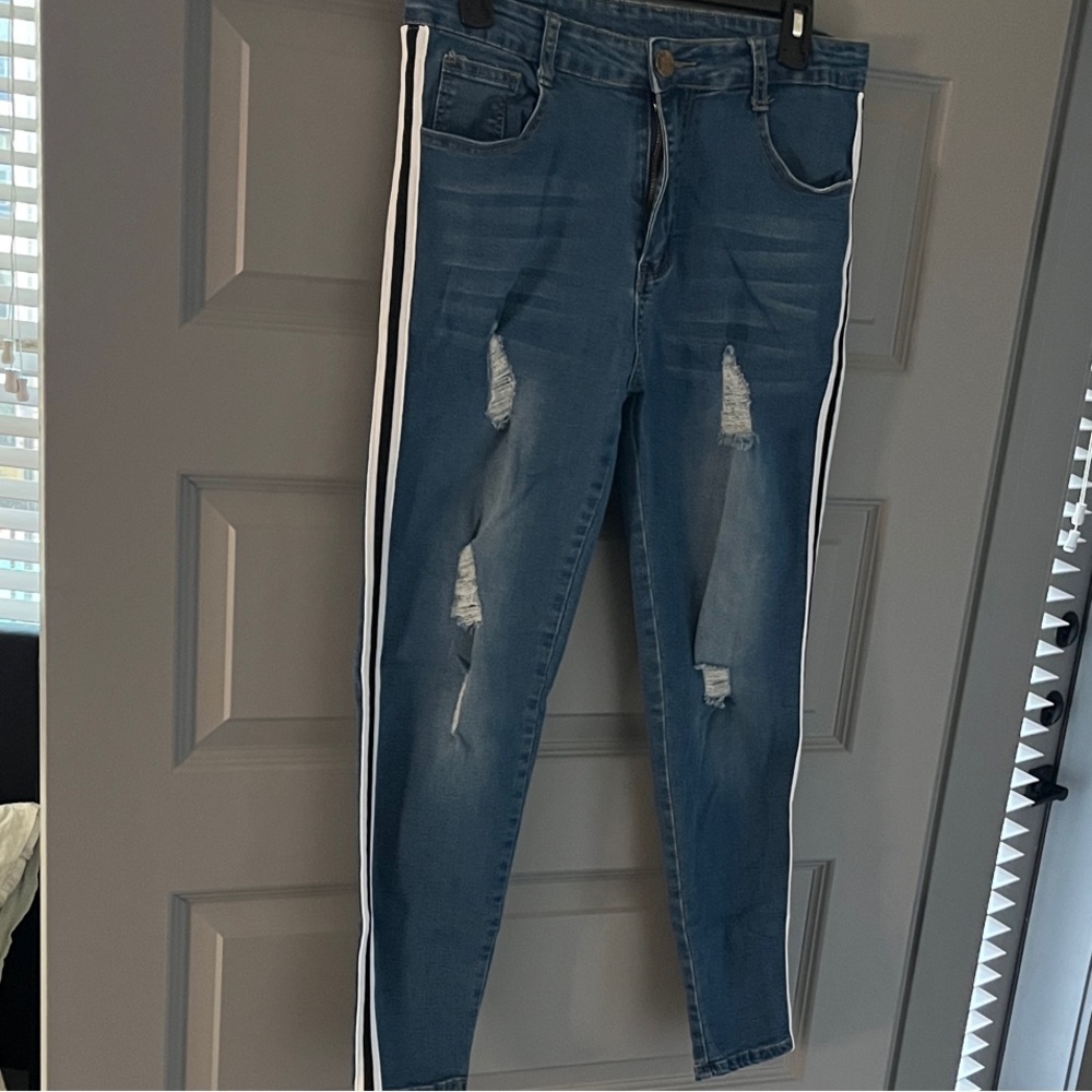 Stylish Blue Distressed Jeans with White Stripes